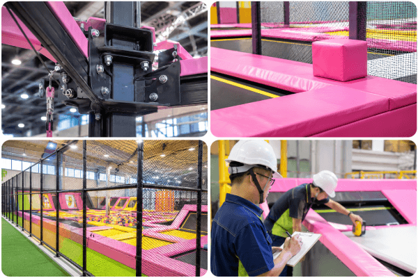 trampoline park safety padding and jumping beds installed to a documented build budget by project size.